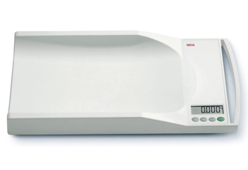 Seca 334 mobile digital baby scale with a curved weighing tray, handle, and digital display