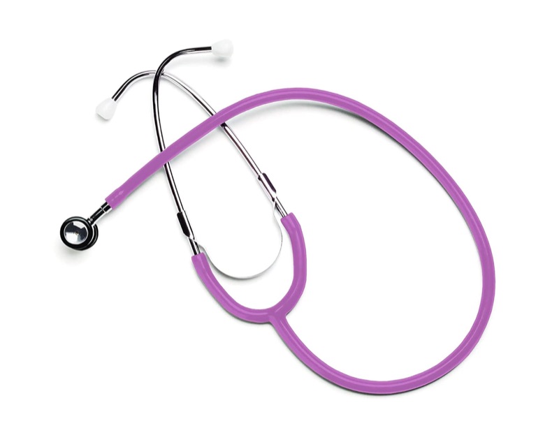 Neonatal stethoscope with a small chest piece and lavender tubing